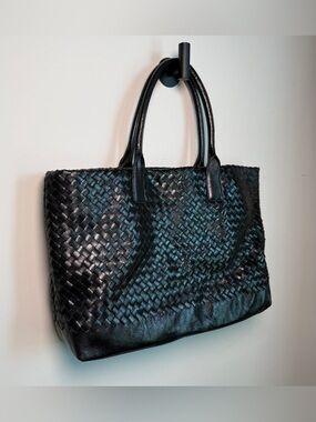 Monsac Original Black Woven Leather Oversized Tote Bag Intrecciato Style Large